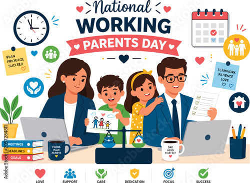National Working Parents Day flat vector illustration featuring working parents balancing professional responsibilities and family life,