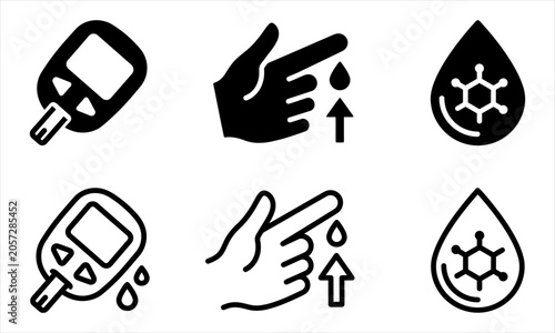 Photography blood sugar icon set with droplet shapes and glucose molecule symbol on medical
