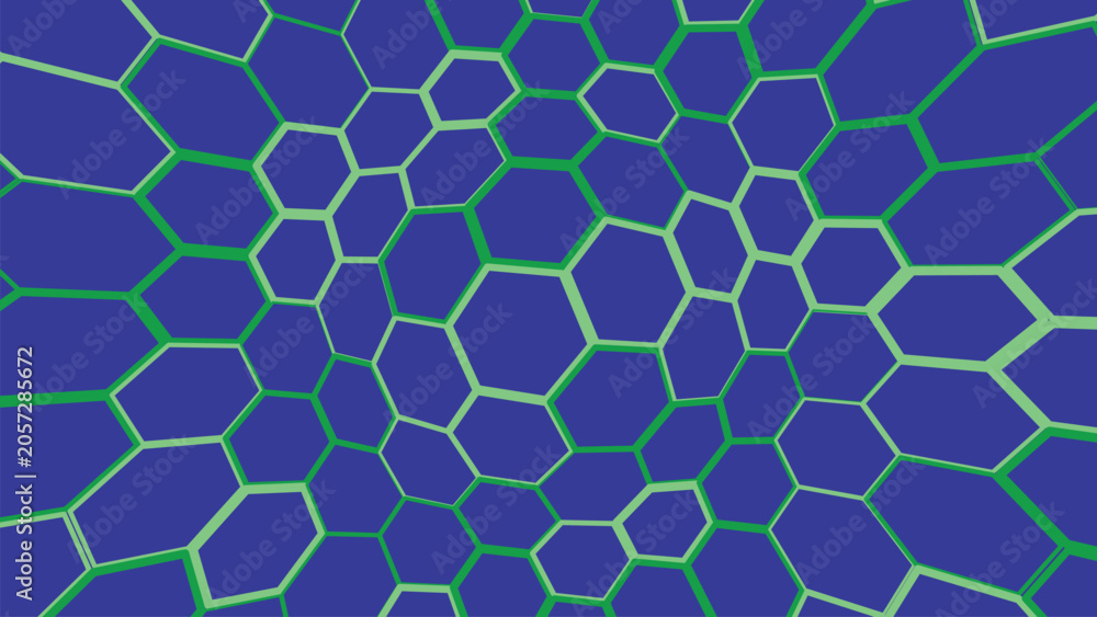 Fototapeta premium Abstract geometric blue background with green honeycomb pattern, honeycomb