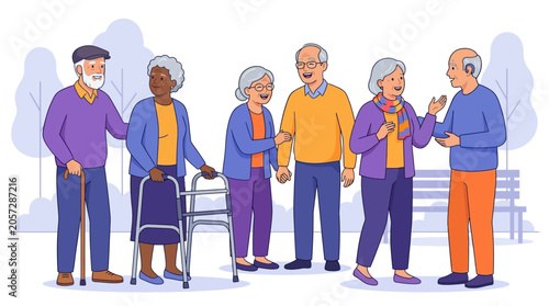 Diverse multiracial group of smiling senior citizens standing together in a cheerful communal setting, representing healthy aging, retirement, friendship, and global unity among older adults.