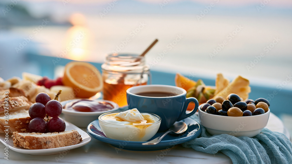 Fototapeta premium Mediterranes Frühstück im Urlaub auf Tisch. Im Hintergrund sieht man das Meer