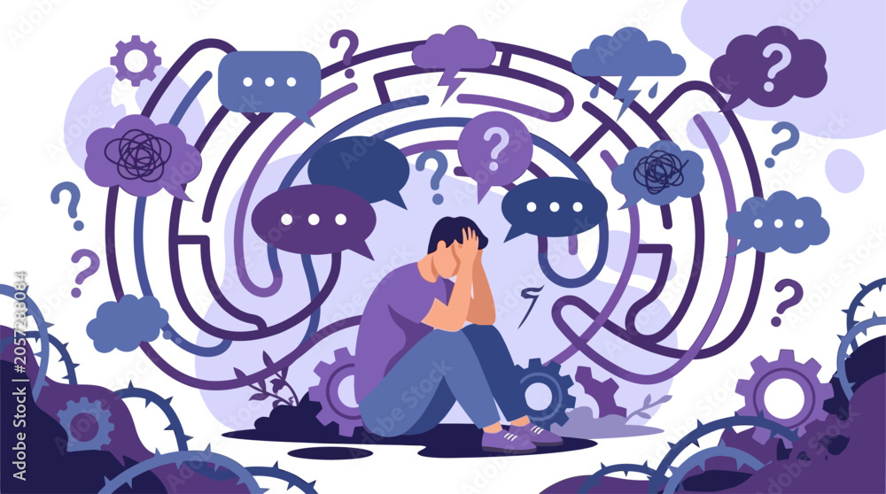 Fototapeta premium Mental Health Concept of Depression and Despair with a Troubled Person Lost in a Complex Labyrinth of Chaotic Thought, Representing Psychological Confusion, Internal Struggle and Life Stress.