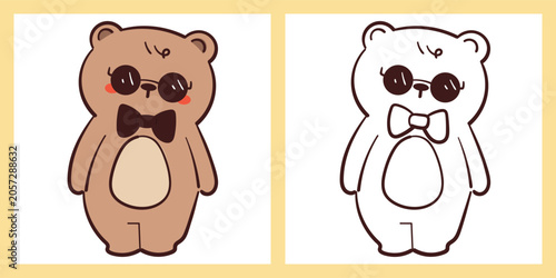 cute hand drawn cartoon bear wearing sun glasses and black bow for coloring page