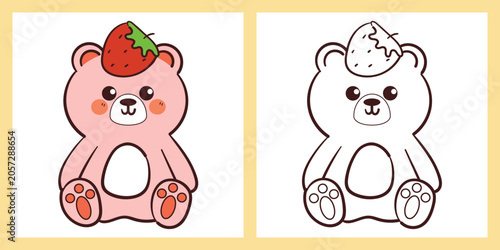 cute hand drawn cartoon bear with strawberry on its head for coloring page