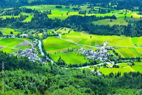 Obraz na plátně View of villages and fields at Sava Bohinjka river nearBohinj in Gorenjska, Slov