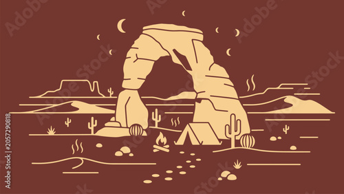 Bild auf Leinwand Minimalist line art illustration of a desert camping scene under a giant natural
