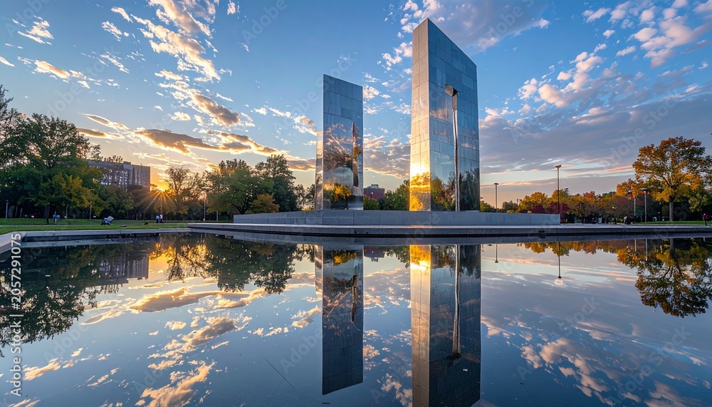 Obraz premium Two tall, reflective, mirrored structures stand beside a pond, reflecting a sunset sky