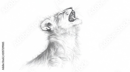 Black and white pencil sketch of a roaring lion cub, with details on fur and facial features