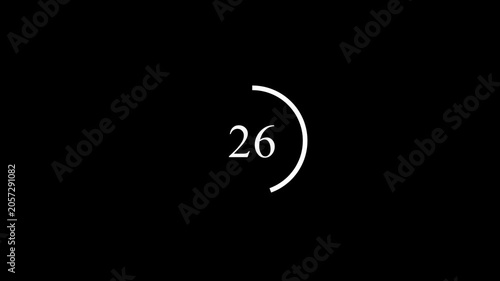 One minute circle countdown timer animation from 60 to 0 seconds with alpha channel, 1 minute circle countdown animation