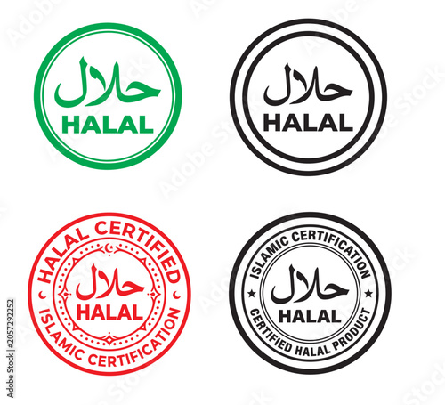 Set of Four Halal Certification Stamp Icons and Badges Featuring Arabic Calligraphy and Professional Symbols for Dietary Standards and Islamic Food Compliance