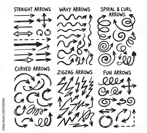 Large hand-drawn sketch arrow set featuring various wavy spiral and zigzag pointers for artistic graphic design projects and creative layouts