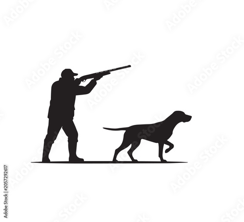 Bold graphic silhouette depicting a focused hunter with a shotgun, alongside a loyal canine companion, encapsulating the essence of an active hunting expedition and thrilling outdoor pursuit