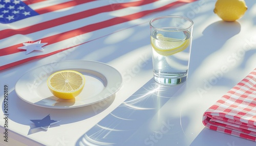 Patriotic summer table setting with American flag and lemonade