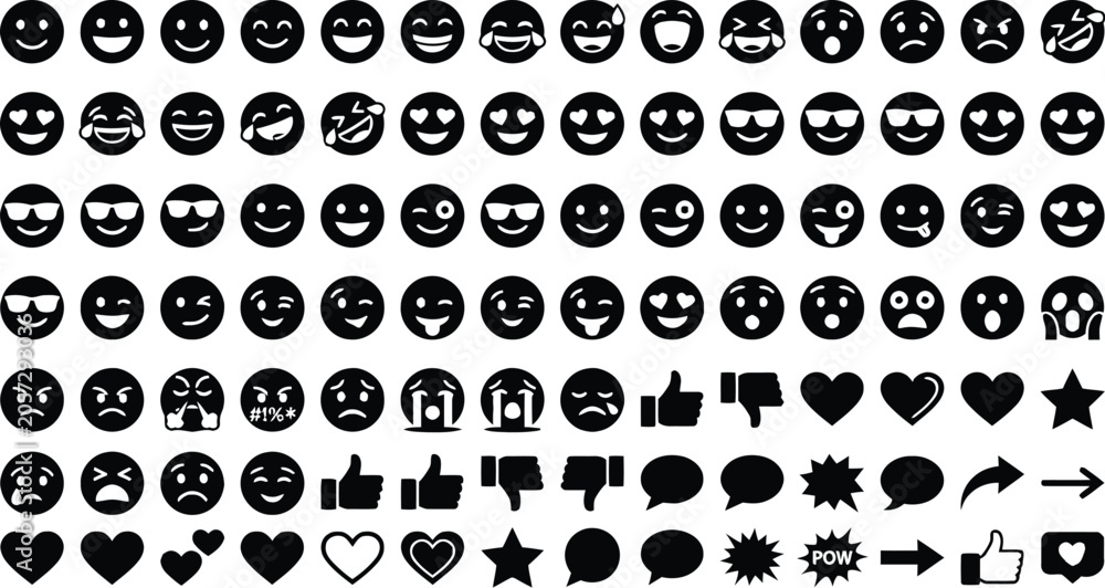 Fototapeta premium Collection Of Black And White Facial Expression Icons On White Background