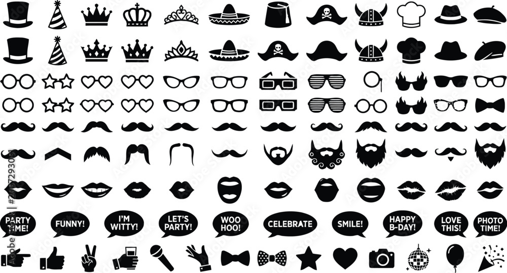 Obraz premium Party accessories and facial hair vector illustrations on a white background