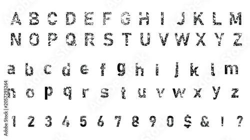 grunge alphabet font set with distressed uppercase lowercase letters numbers and symbols typography