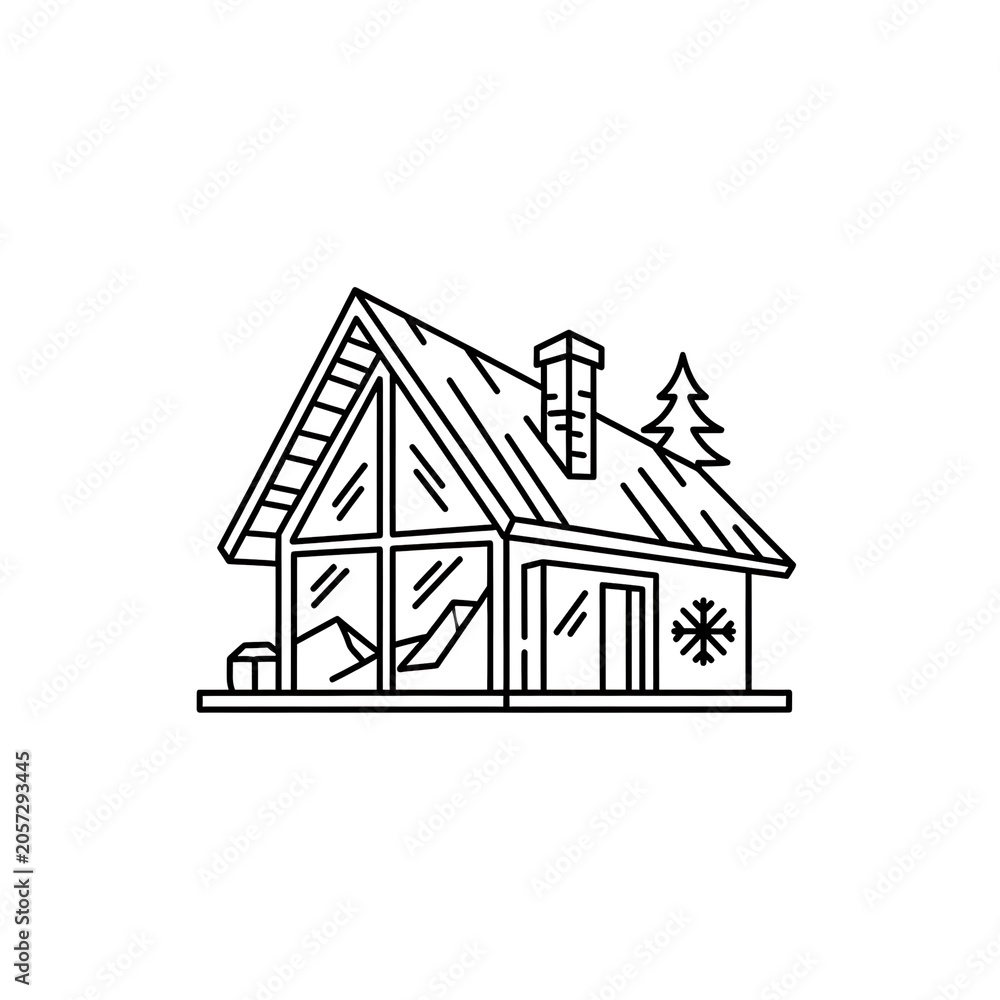 Fototapeta premium Black and white line drawing of a traditional house with people.