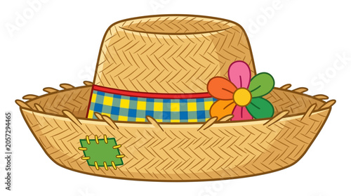 Traditional Brazilian Festa Junina straw hat isolated on a plain white background, rustic headwear for countryside folk festival celebration, handcrafted natural material sun cap accessory.