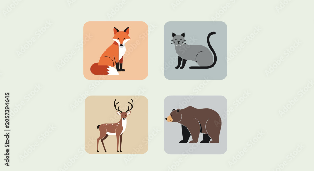Obraz premium Animals including a fox, raccoon, deer and bear are shown