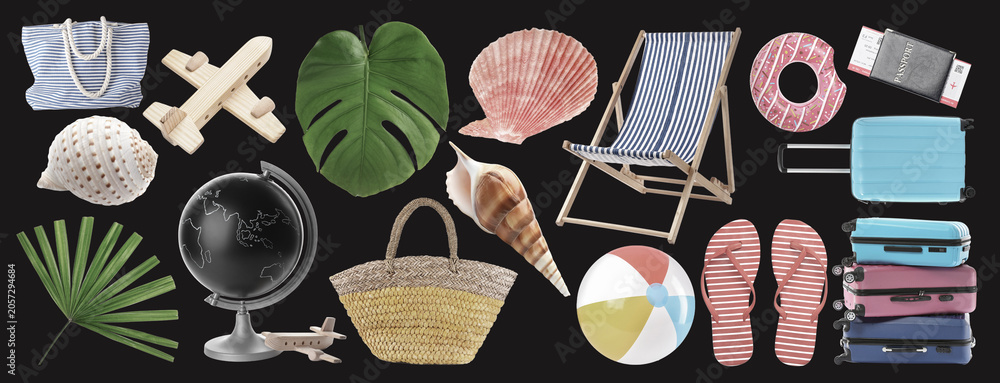 Obraz premium Summer travel vacation essentials collection with beach accessories, luggage, and tropical elements on black background
