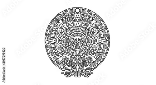 An intricate illustration of an Aztec calendar stone design