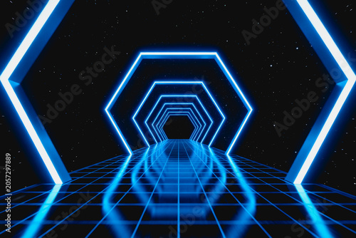 A 3D rendered futuristic tunnel with glowing blue hexagonal neon frames stretching into a starry space, over a grid-patterned reflective surface.