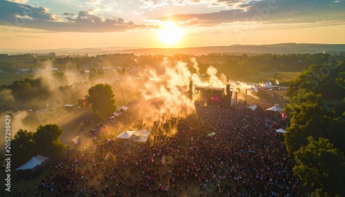 Aerial view of a large outdoor music concert at sunset with a huge crowd and stage