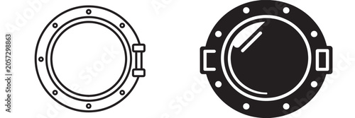 Nautical porthole vector icons in outline and solid glyph styles for marine and submarine design