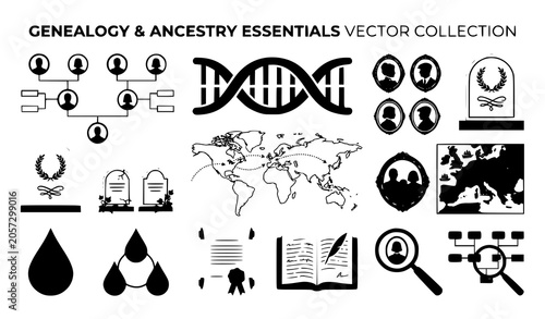 Fotografija Heritage and genealogy vector set with ancestry research icons