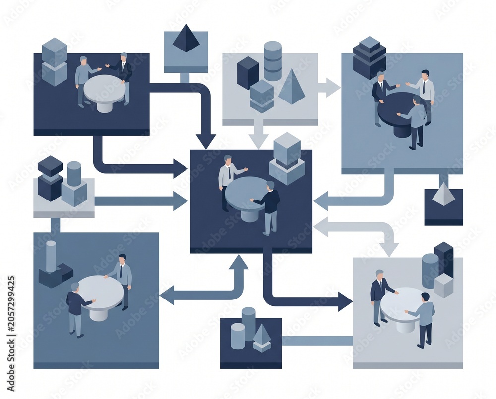 Fototapeta premium Strategic Business Network Flowchart Featuring Isometric Corporate Professionals Collaborating and Connecting Data Points