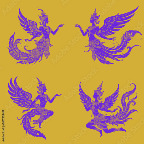 Elegant Kinnari silhouette featuring a mythical Thai celestial bird maiden with graceful wings and traditional ornamental details. Premium vector design inspired by Thai heritage and mythology.