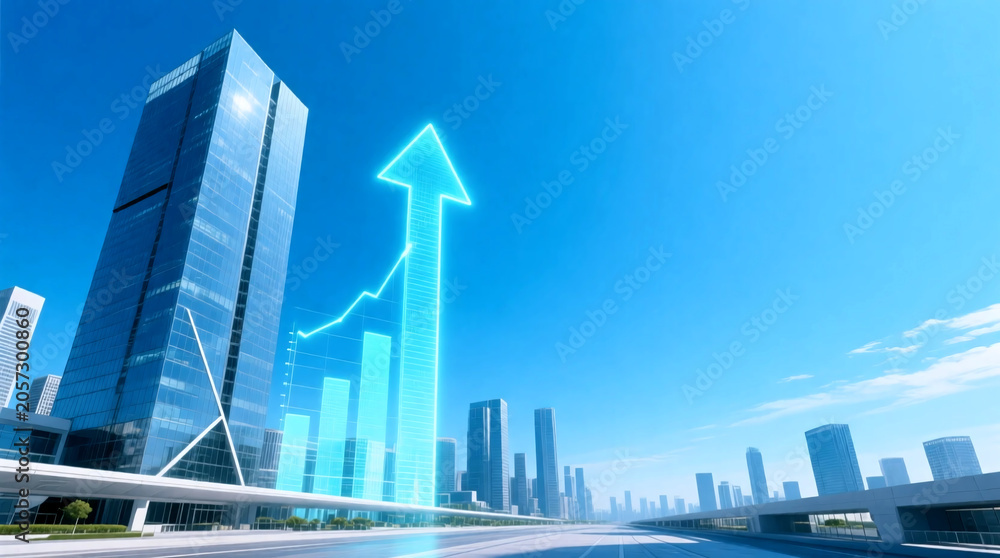 Naklejka premium Wide-angle shot of futuristic cityscape showing business growth with upward holographic chart next to modern skyscraper under clear, bright blue sky