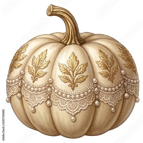 Watercolor illustration of an elegant cream pumpkin decorated with gold leaf ornaments and delicate white lace with pearls isolated on white background luxury autumn halloween clip art graphic design