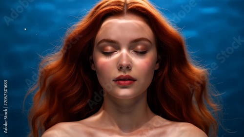 Serene underwater portrait of woman with red hair peaceful expression
