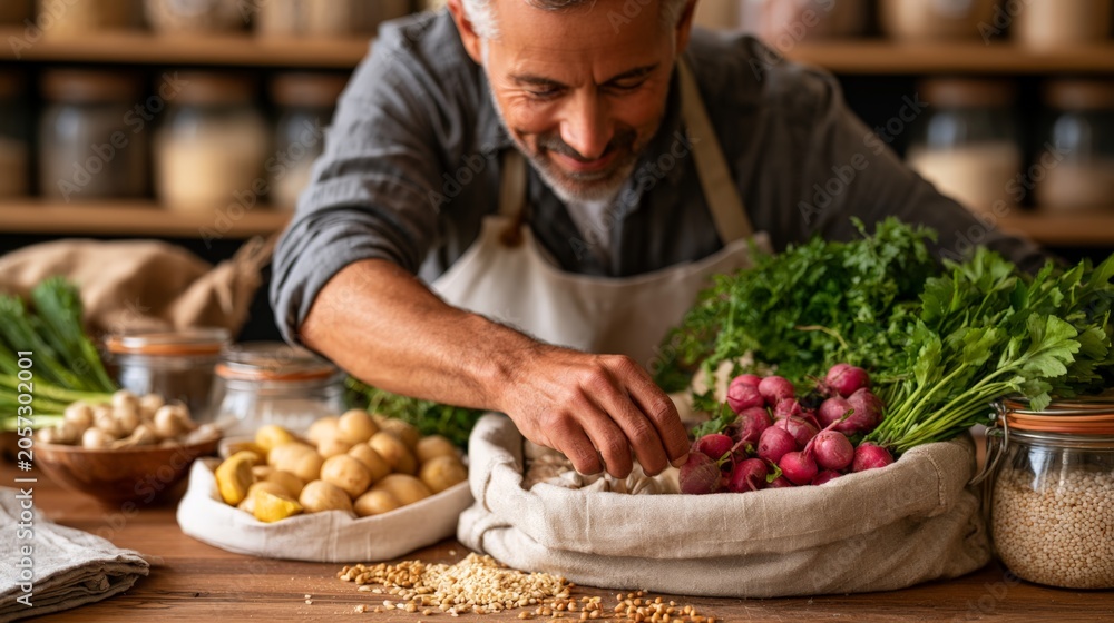 Fototapeta premium Man prepares fresh vegetables and herbs in a kitchen setting on a wooden table in the late afternoon hours