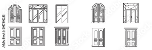 Vector line art icons of various double door designs including classic wooden and modern glass styles for architectural planning