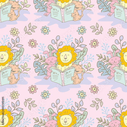 Seamless pattern with cute cartoon lion, rabbit, cat and flowers. Vector illustration.