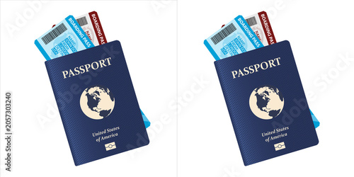 Tableau sur toile Two blue us passports with airline boarding passes, symbolizing international tr