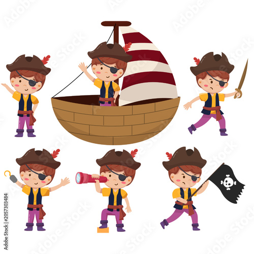 Cute Boy Pirate Character Set with Ship and Accessories