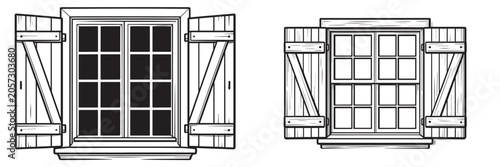 Rustic wooden window with open shutters vector illustration set in hand drawn line art style