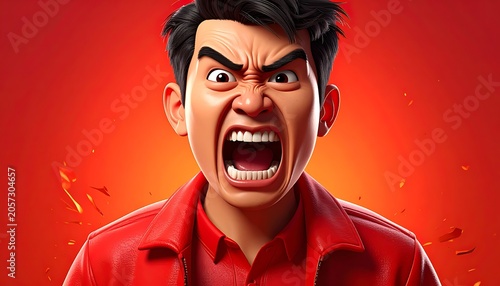 Angry man with red shirt screaming.