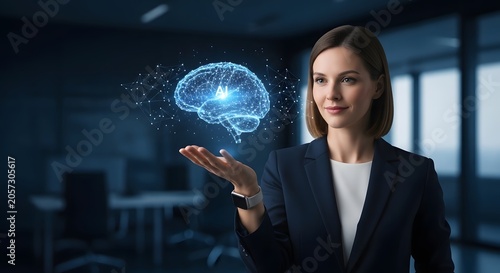 Artificial intelligence brain hologram held by businesswoman, futuristic digital mind technology concept, neural network and machine learning visualization