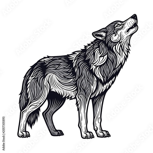 Detailed black and white illustration of a howling wolf with intricate fur patterns.