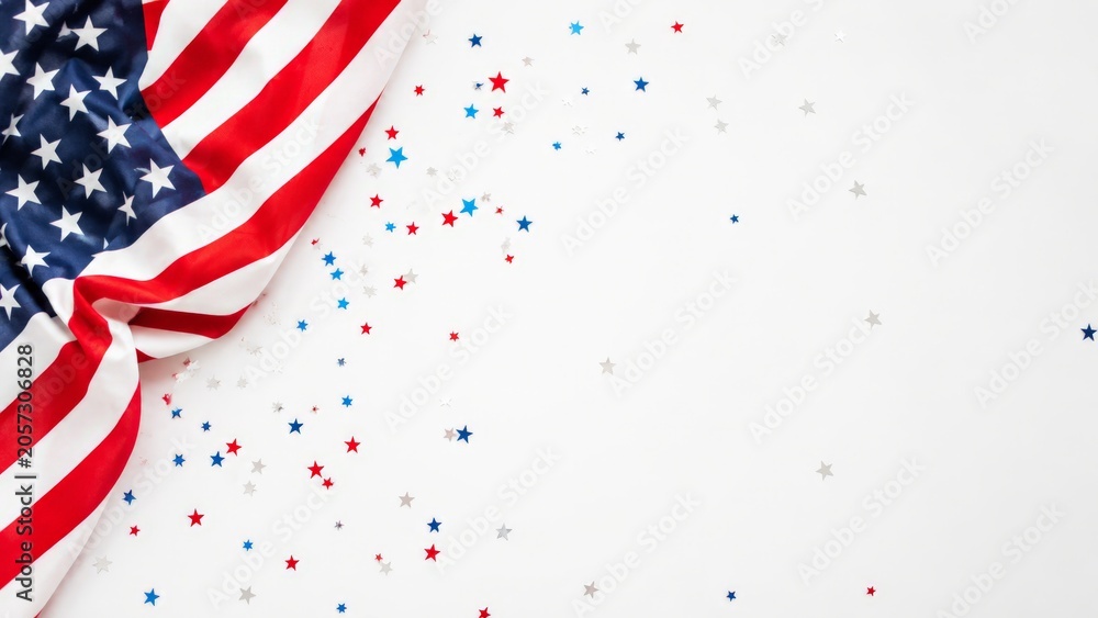 Obraz premium A close-up view of an American flag edge with star-shaped confetti in red, white, and blue colors scattered on a plain white surface for holiday decoration