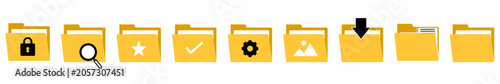 Yellow file folders with various black and white action icons.