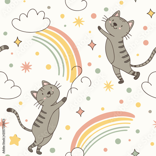A seamless children's pattern featuring cute playful cats, rainbows, and clouds with colorful confetti dots on a light background. Whimsical vector illustration, cheerful nursery design.