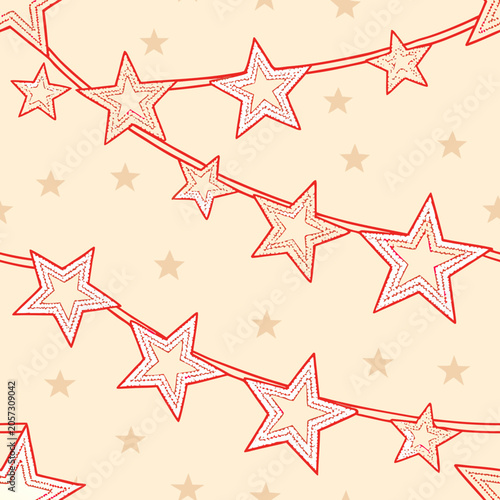 A seamless festive pattern of red star garlands and tiny beige stars on a light cream background. Delicate holiday string decoration, linear doodle illustration style.