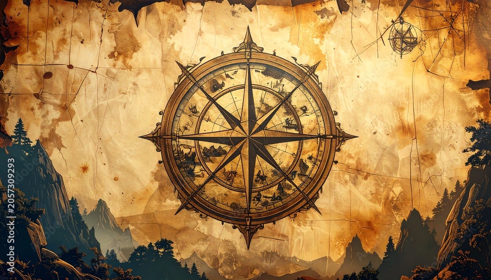 Fototapeta premium Vintage brass pocket watch on aged wooden surface.