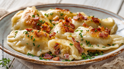 Close up of pan fried pierogi stuffed with mashed potatoes and ham, served on a plate topped with crispy fried bacon chunks and fresh chives.