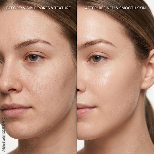 Dermatological macro comparison of facial skin texture focusing on pore refinement